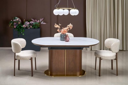 Розкладний стіл HALMAR GIBSON 160-220/90 см, білий мармур / горіх / золото