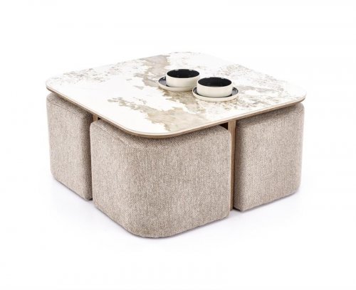 Стіл журнальний з пуфами HALMAR ARAKIS бежевий мармур / горіх
