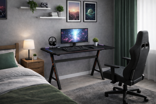 Стіл геймерський Кібертон, чорний/карбон з LED