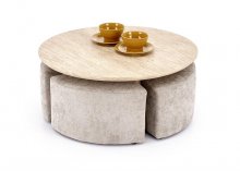 Комплект журнальний столик + 4 пуфи HALMAR NUGAT травертин/сірий d80см